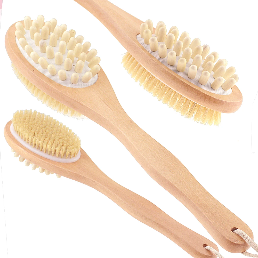 2-in-1 Body Brush Sided Natural Bristles Scrubber Long Handle Wooden Spa Shower Bath Massage Brushes | Дом и сад