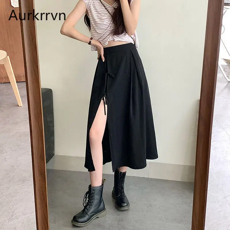 Aurkrrvn черные юбки с высокой талией женские Асимметричные летние офисные миди на