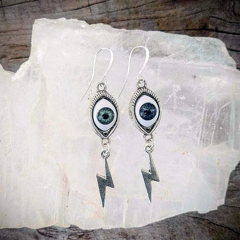 

Vintage Punk Turkish Devil Evil Eyes with Lightning Pendant Earrings BFF Steampunk Lucky Gift for Women Witch Gothic Jewelry