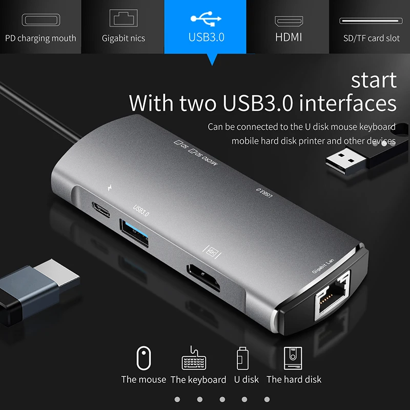 7-в-1 многопортовый концентратор Тип с разъемами типа C и USB3.0 HDMI устройство для