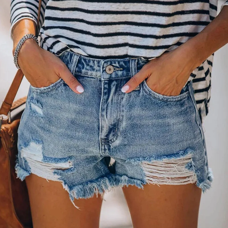 

Explosive jeans personalized tailoring irregular pockets European and American trends large size casual shorts with holes 6613