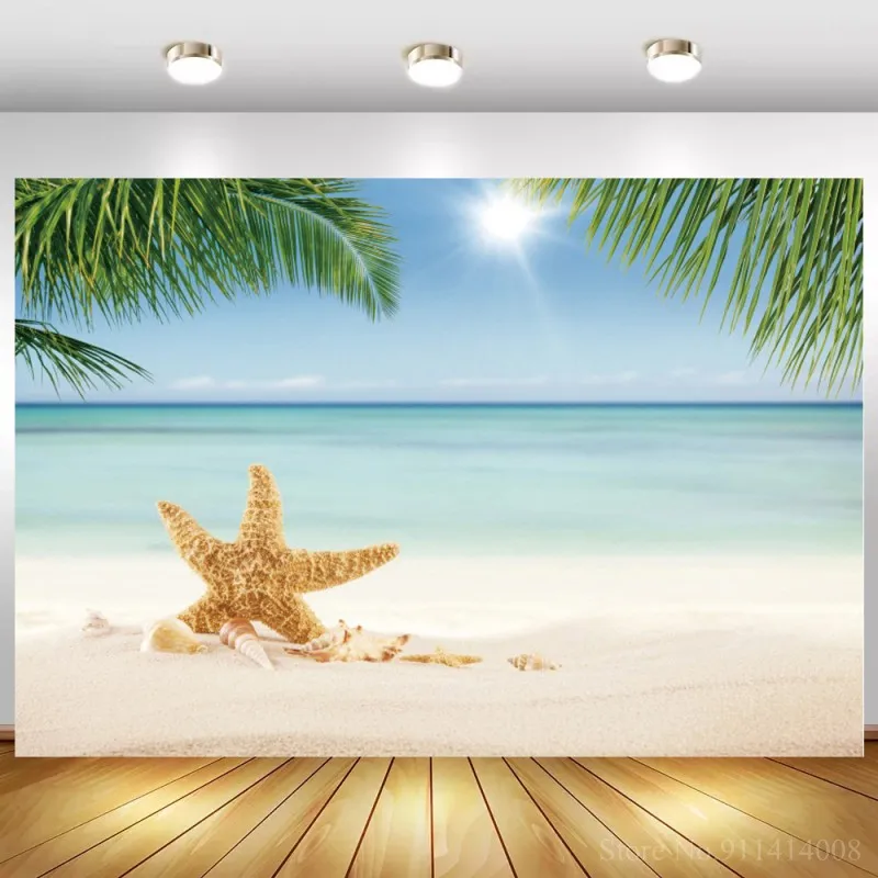Летний тропический морской пляж песок Морская звезда ракушки коралловые пальмы