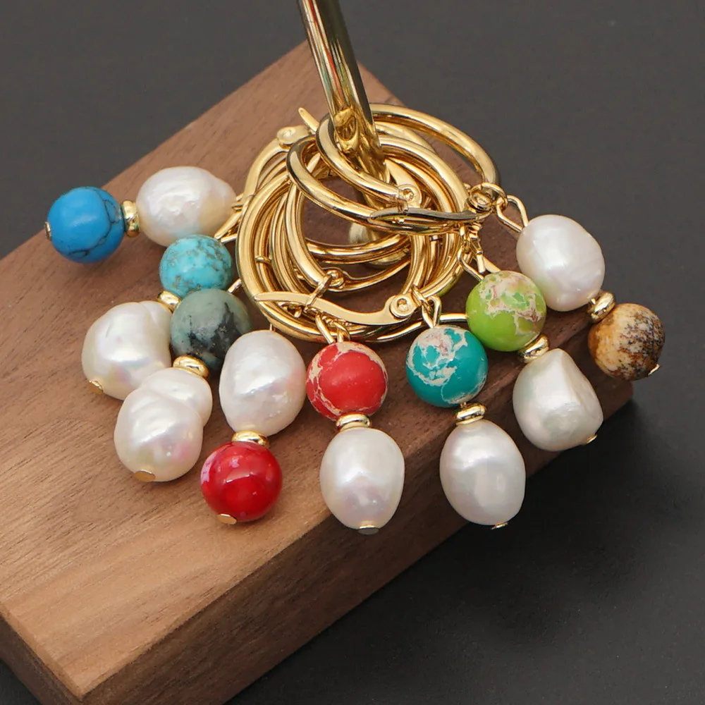 

New Boho Style Turquoise Big Hoop Earrings Natural Freshwater Pearl Ear Jewelry Bead Danging Earring For Women