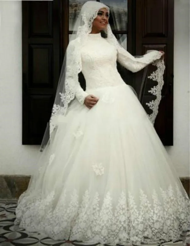 

Elegant High Neck Mulsim Lace Wedding Dresses Long Sleeve Arabic Ball gown Plus Size Vestido de novia Bridal Gown Arabic