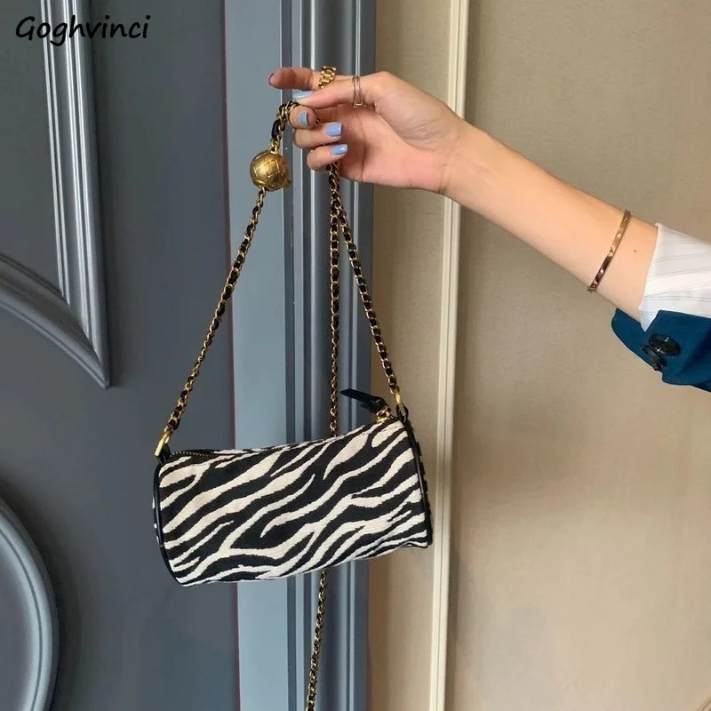 

Zebra Striped Crossbody Bags Women Vintage Little Barrel-shaped Chain-bag Korean Style Retro Handbags Portable Money Canvas Bag
