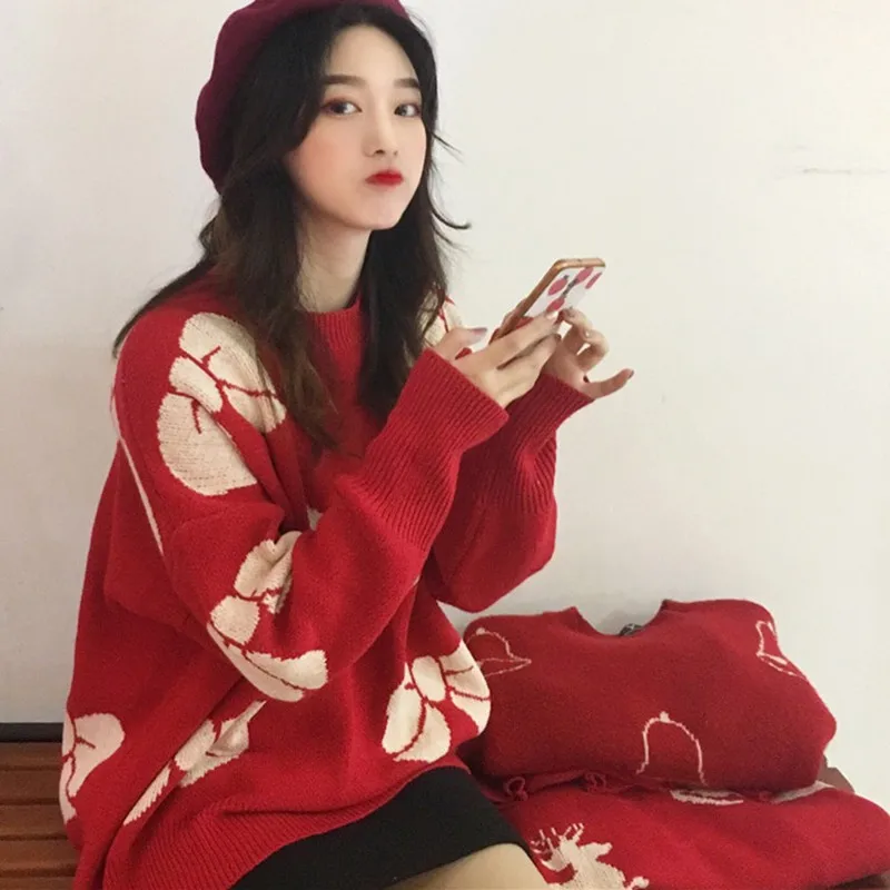 

Women\\'s Thicken Christmas Cartoon Sweater Loose Casual Red Knit Pullover Fashion Cotton Sweater HOT
