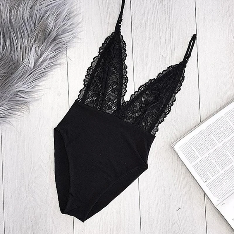 

Black White Sexy Embroidery Lace Bodysuit Perspective Backless One Piece Overalls Rompers Womens Jumpsuit