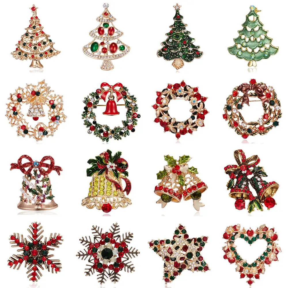 

16 Styles Christmas Tree Wreath Bells Snowflake Brooches Delicate Shinny Crystal Rhinestone Pin Brooch For Women Christmas Gifts