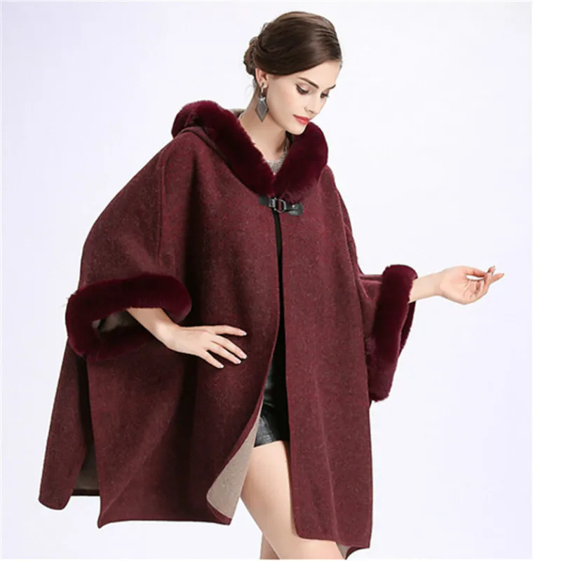 2020 Hooded Cardigan Poncho Capes Women Winter Cloak Long Woolen Coat Cape Warm Faux Rabbit Fur Collar S444 |