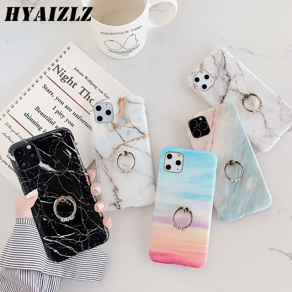 

Marble Kickstand Phone Case for iPhone 13 12 mini 11 Pro Max XR XS Max 7 8 Plus Soft TPU Capa Ring Holder Shockproof Back Cover