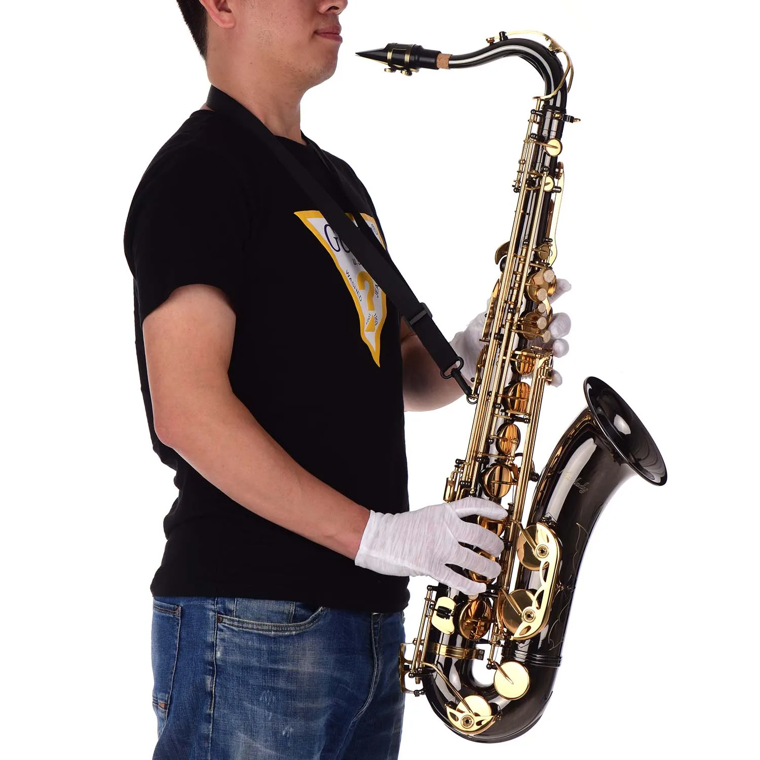 Muslady Bb тенор саксофон латунный корпус черный никелированный золотой ключ с