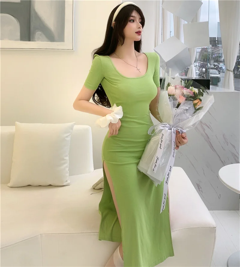 

Sexy Slim Side Split Mid-Length Dress 2022 New Fashion Ladies Black Dress