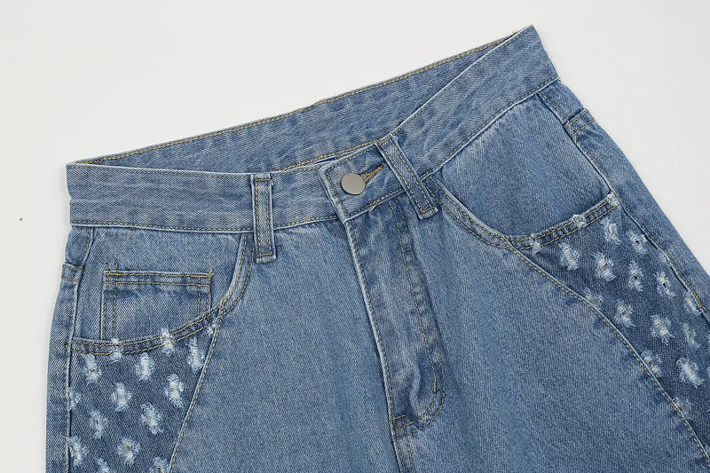 

IEFB washable patchwork color contrast hole blue wide leg jeans men's 2021 spring new high street straight denim pants casual