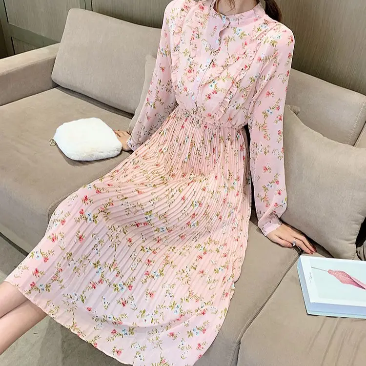 

Spring Korean New Retro Floral Mid-Length Dress Single-Breasted Elegant O-Neck Fashion Pleated Hem Long-Sleeved Oversized Dress