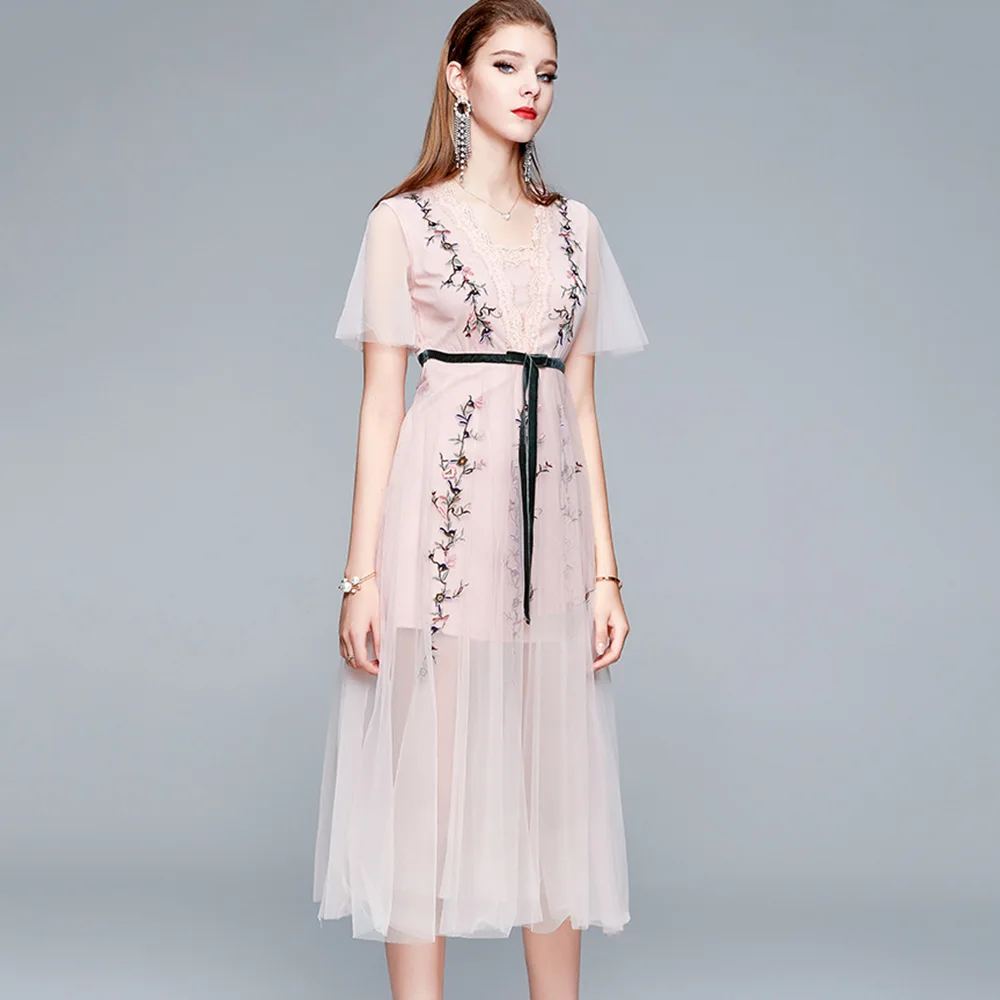 

Western Style Fashion Ladies Dress 2021 Spring Summer Temperament Elegant Design Net Yarn Perspective Embroidery Flared Sleeves