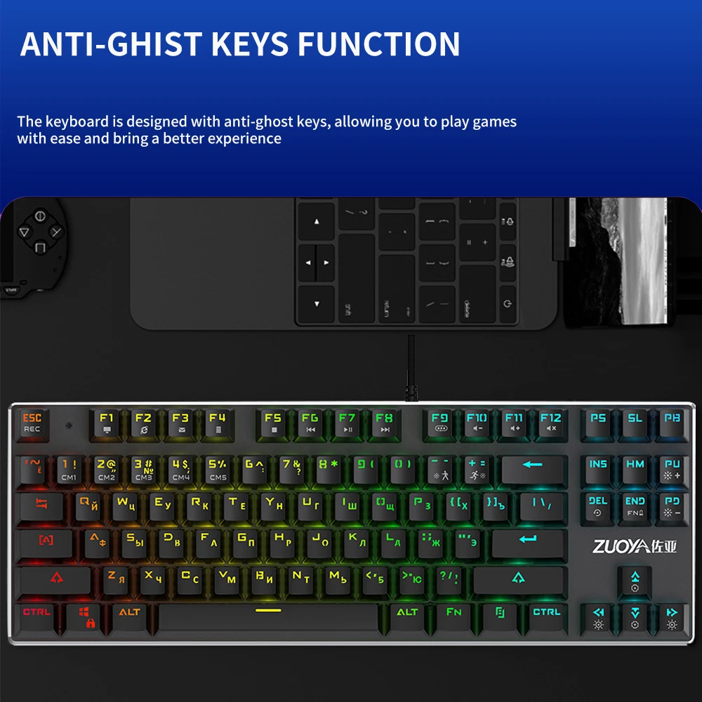 Игровая механическая клавиатура с подсветкой Mix/RGB проводная USB US/RU черный/красный