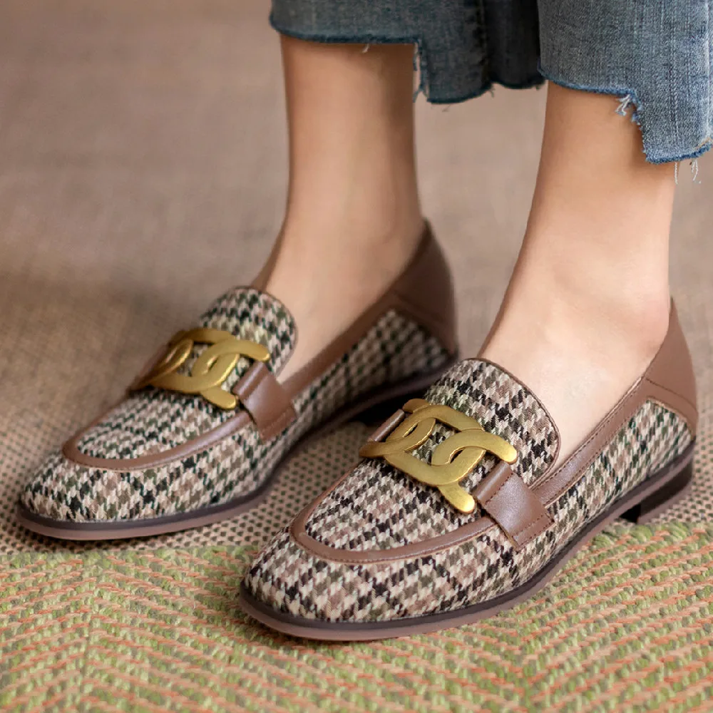 

Women's genuine leather bordered fabric patchwork slip-on flats loafers leisure soft comfortable moccasins round toe chain shoes