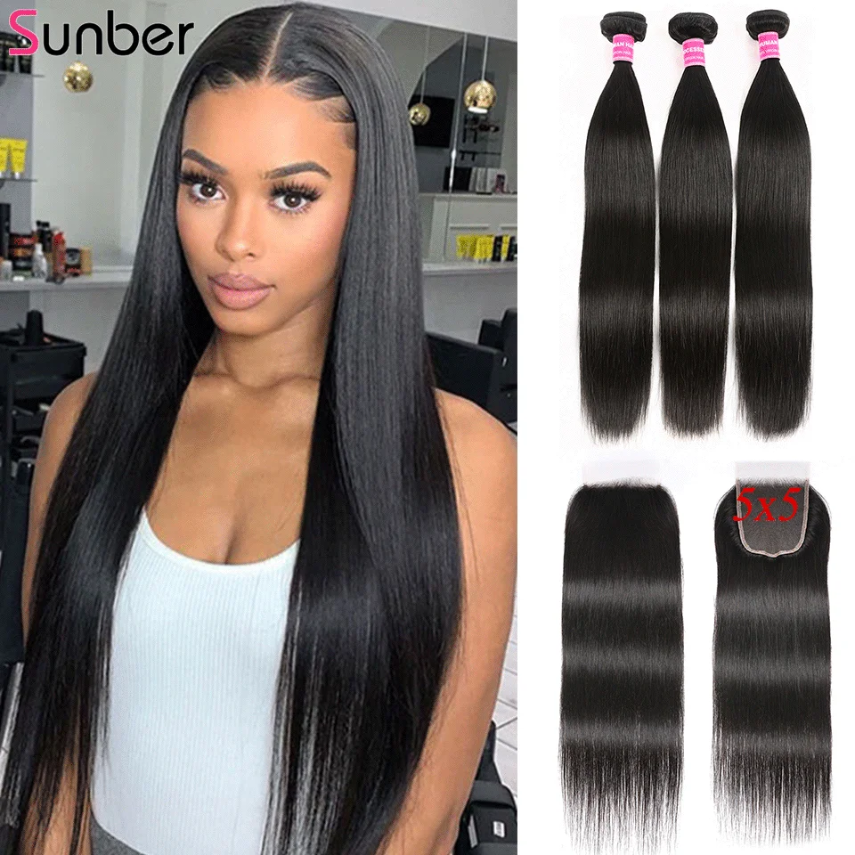 

Sunber Bone Straight Bundles with Closure 150% Remy Pre-plucked HD Lace Front 5X5 Deep Part Closure With Bundles Peruvian Hair