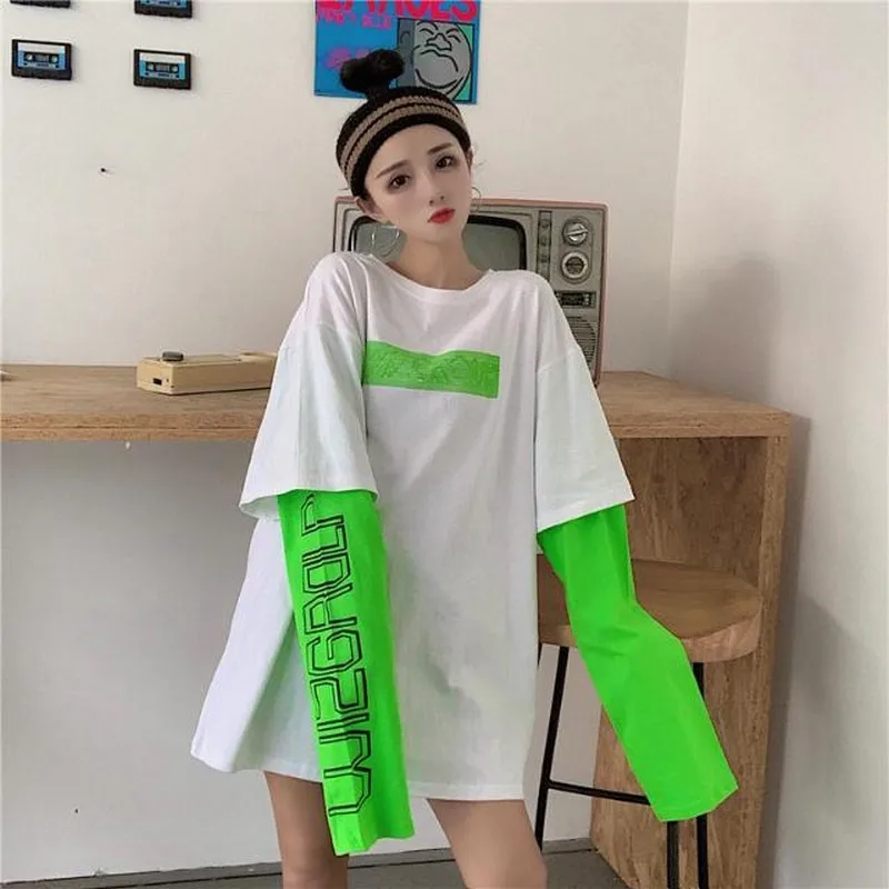 

NiceMix letter print fake two-piece t shirt long sleeve women clothes streetwear patchwork loose tops 2020 new Korean tshirt