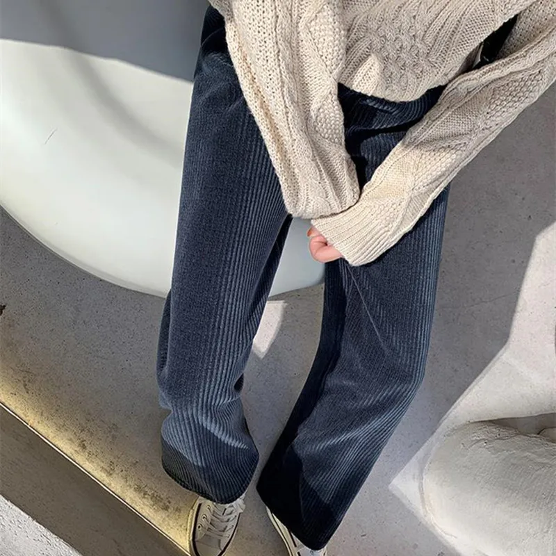 

OL Elegant High Waist Wide Leg Corduroy Pants Women 2021 New Plus Size Casual Loose-fitting Straight Pants Female Trouser