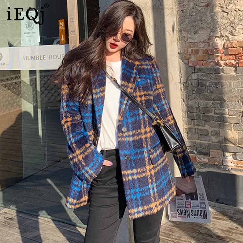 

IEQJ Korean Version Of The Retro Dark Blue temperament Plaid Plush Jacket 2021 Winter New Loose Profile Woolen Suit Women 3F0776