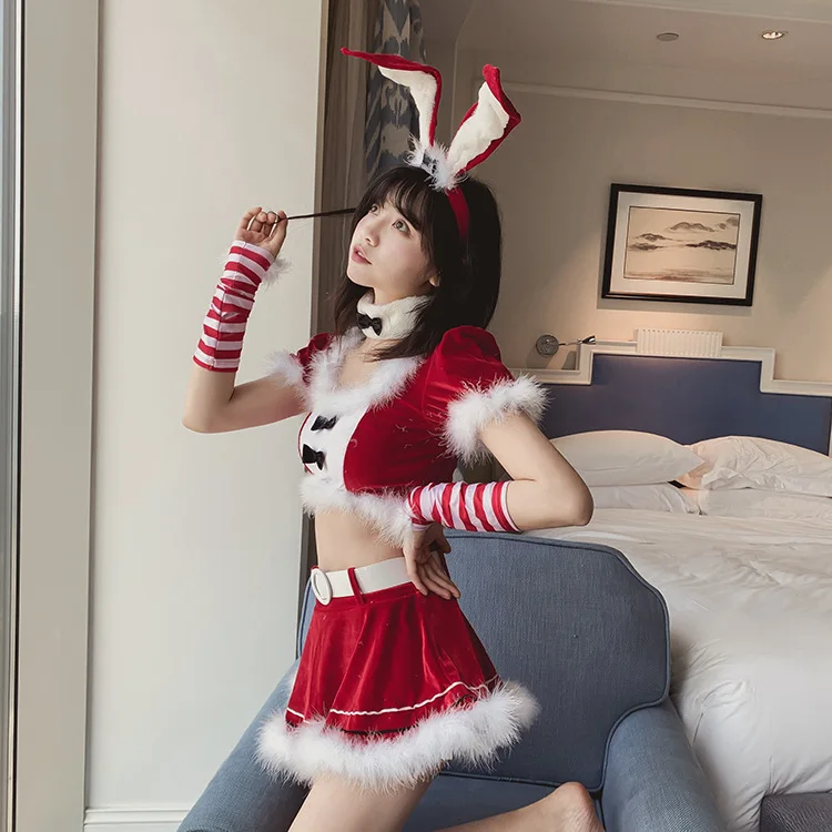 Christmas Bunny Girl Sexy Lingerie Cosplay Uniform Velvet Lace Rabbit Ear Outfit 7PCS Party Roleplay Women Clubwear Costume |