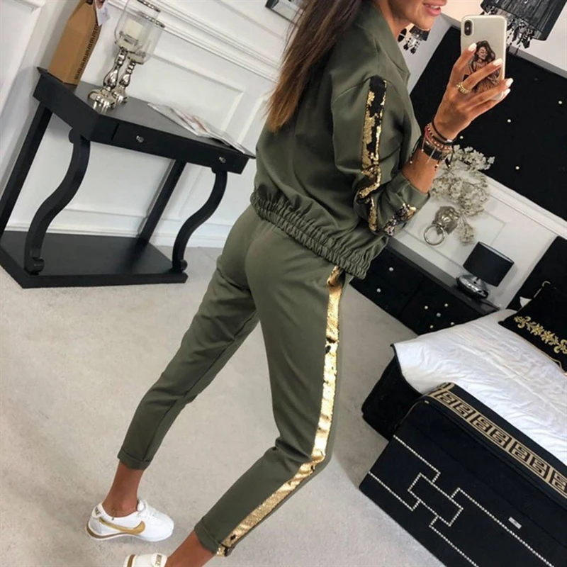 

Dreese 2 Piece Set sport Top+Pants Suit stripe pink Casual Tracksuit Trousers outfit round neck sleeve Women sports suit Fat MM