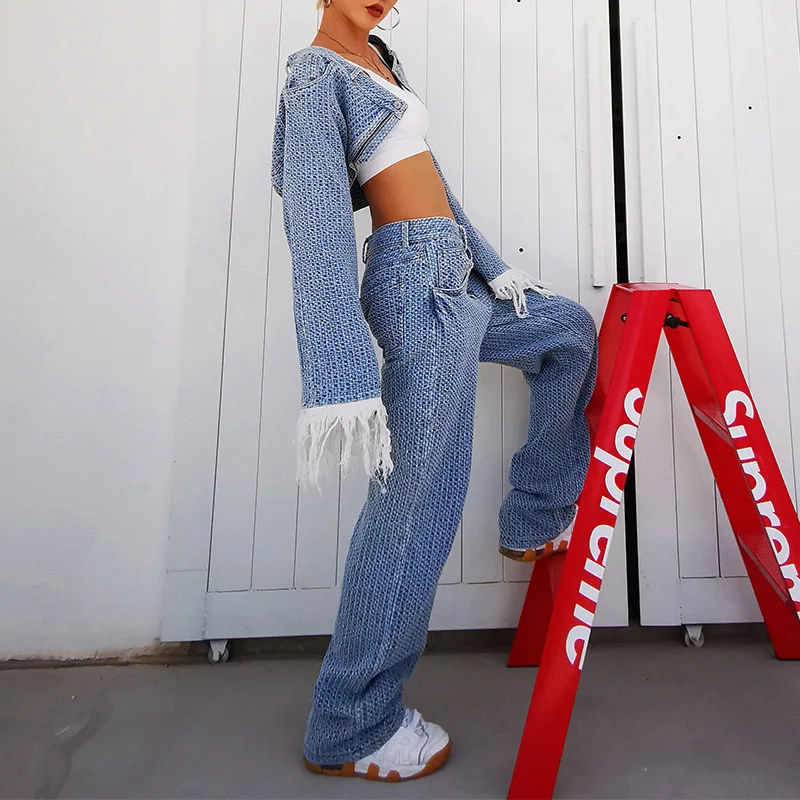 

Donsignet 2021 Spring Fashion Tassel Full Sleeve Denim Short Coat Top High Waist Wide Leg Pants Casual Womens Suit