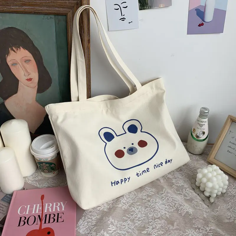

All-match Large Capacity Ladies Casual Tote Cute Bear Canvas Women Shoulder Bags Girls Student Eco-friendly Shopping Handbags