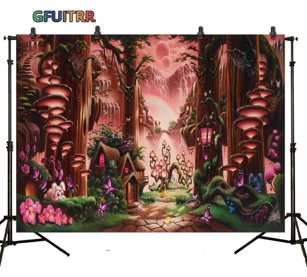 GFUITRR Фэнтези лес фотографии фоны Дети День рождения фон розовый Сказка Мир баннер