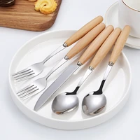 20pcs stainless steel cutlery wooden handle dinner fork dessert spoon knife coffee teaspoon fruit kitchen tableware accessories