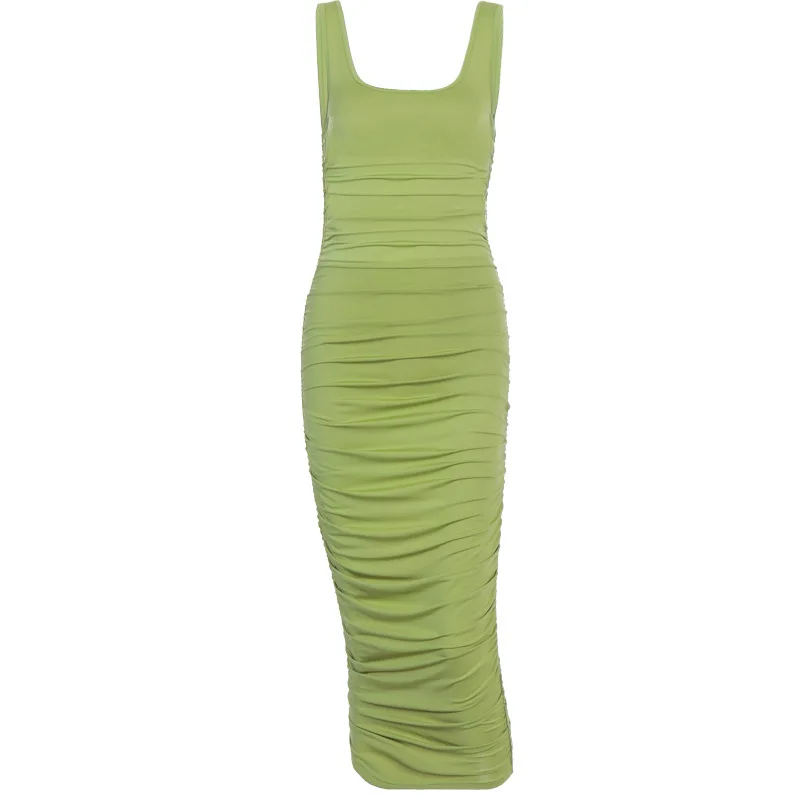 

2021 Autumn and Winter New Solid Color Sleeveless Slim-fit Pleated Dress