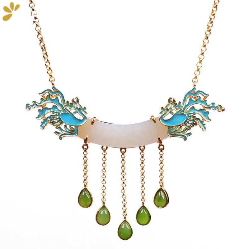 

925 Silver Gold Plated Jade Enamel Phoenix Tassels Necklace Vintage Chinese Style Cloisonne Pendant Necklace Fine Jewelry Women