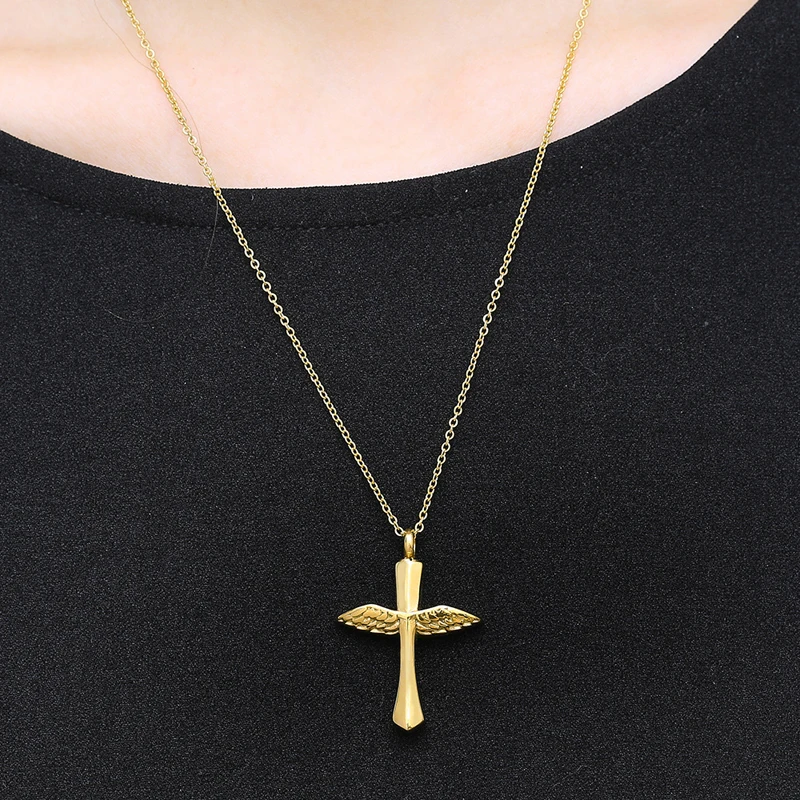 

Titanium Steel Jewelry "Angel Wings" Alloy Wings Feather Cross Perfume Bottle Necklace Pendant Can Be Refilled