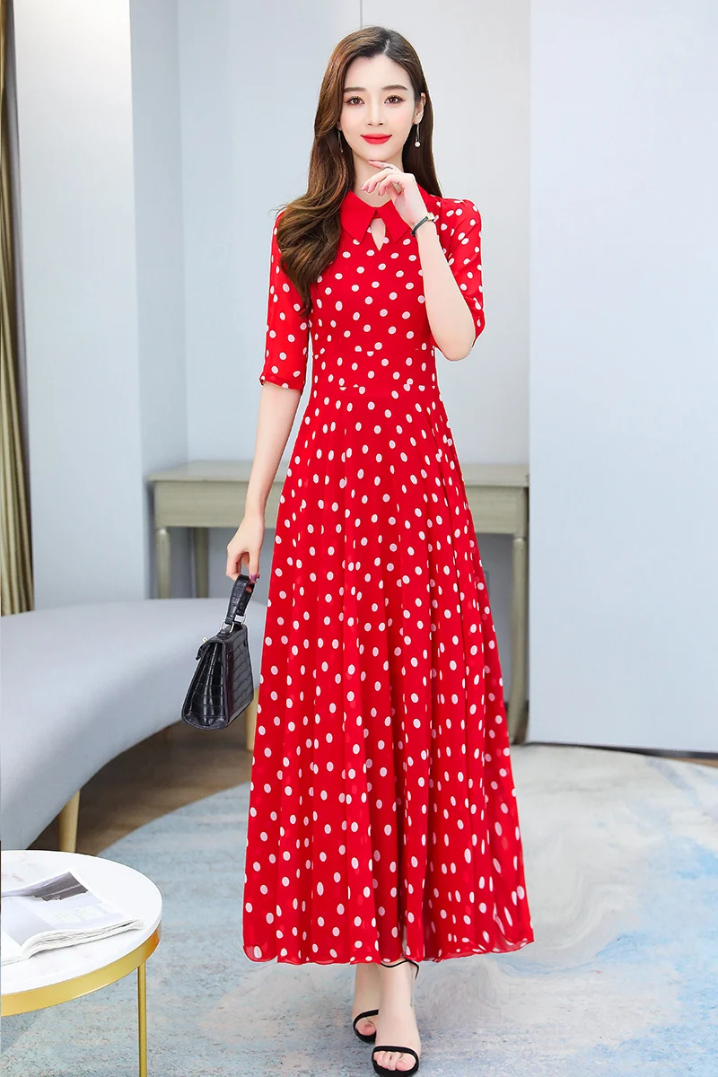 

COIGARSAM 4XL Plus Size French Style Print Women Long dress New Summer Polka Dot Chiffon Dresses Red Black 5892