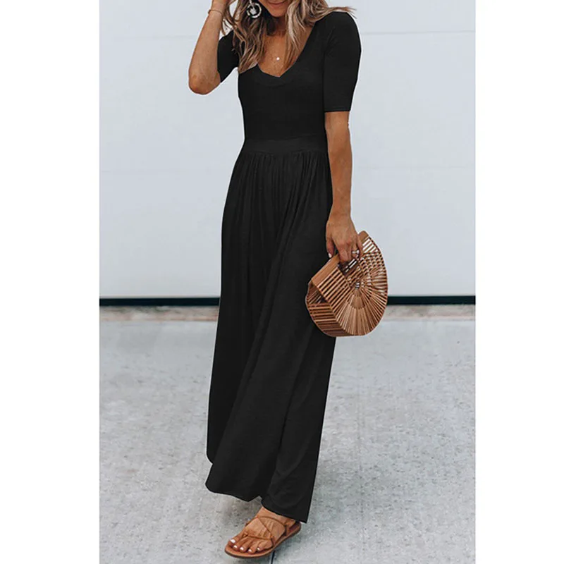 

Summer Female Short Sleeves Solid High Waist Flare Maxi Dress Women Low Neck Casual Lady Long Jumpsuits