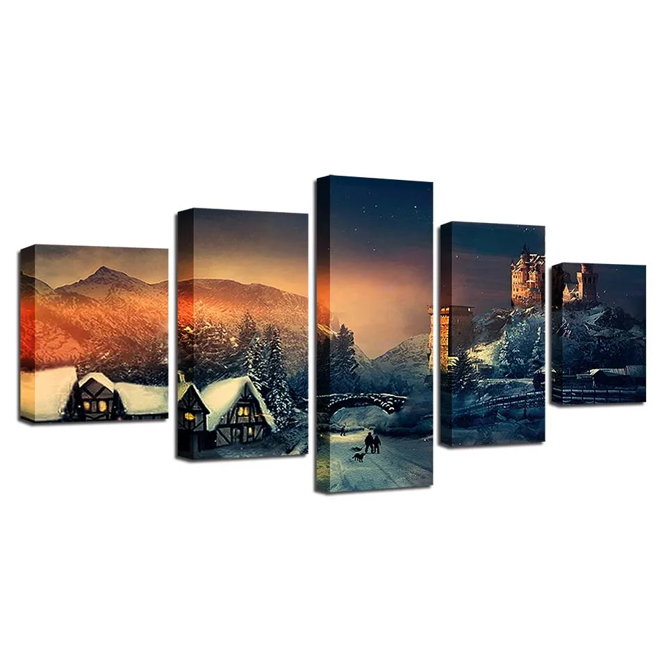 

Artwork Canvas Painting HD Prints Home Decor Castle House 5 Pieces Wall Art Mountain Landscape Modular Bedroom Pictures Poster