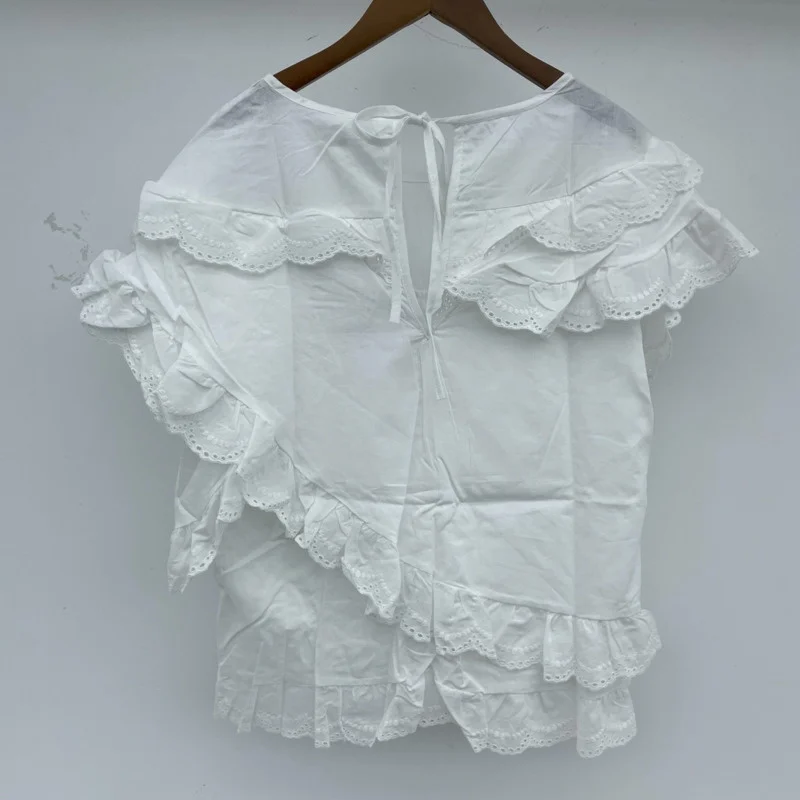 

IEQJ Women Sweet Blouse New Round Neck Short Sleeve Loose Patchwork Ruffles Lace Pullover Shirt Fashion Summer 2021 WR0106