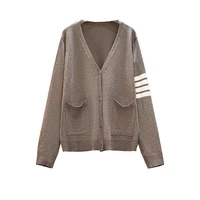 women cardigan knit sweater vintage stylish stripe pattern slim crop top fashion v neck england style long sleeve outerwear