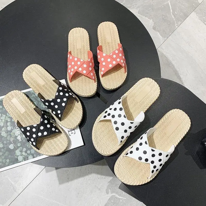 

Women Slippers Casual Fashionable Flat Soft Bottom Shoes Spotted Slides Black White PVC