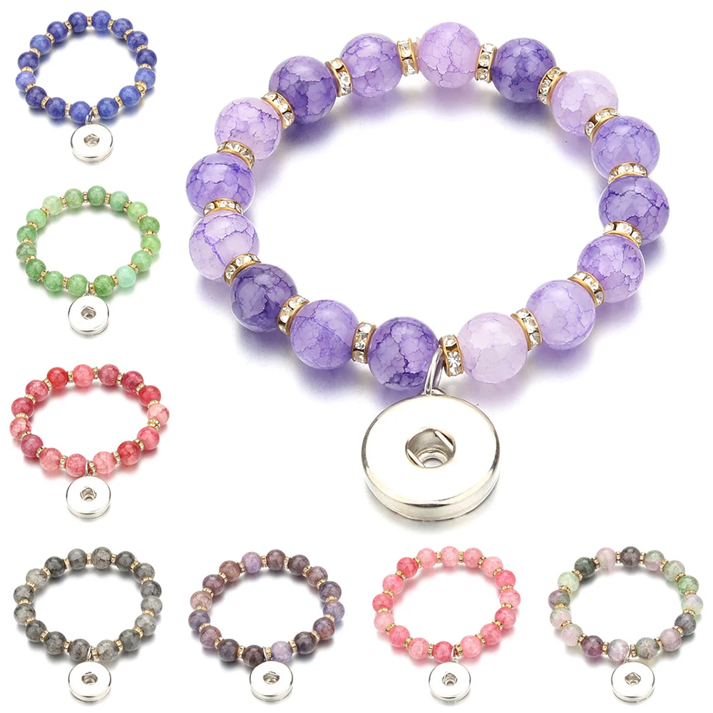 

Snap Jewelry Crystal Crack Stone Beads Stretch Bracelet 18mm Snap Button Charm Bracelet Women Men Couples Bracelets Dropshipping