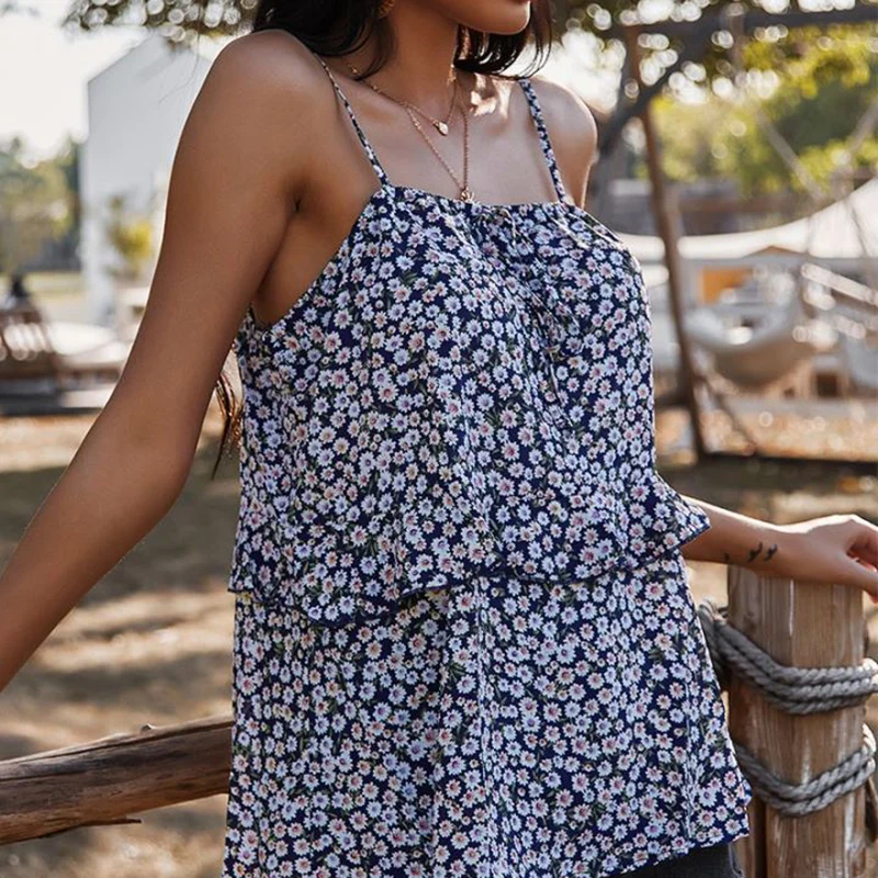 

Little Daisy Printed Ruffled Shirring Lace-up Backless Sling Tops Summer Streetwear Casual And Elegant Holiday Blouse Women