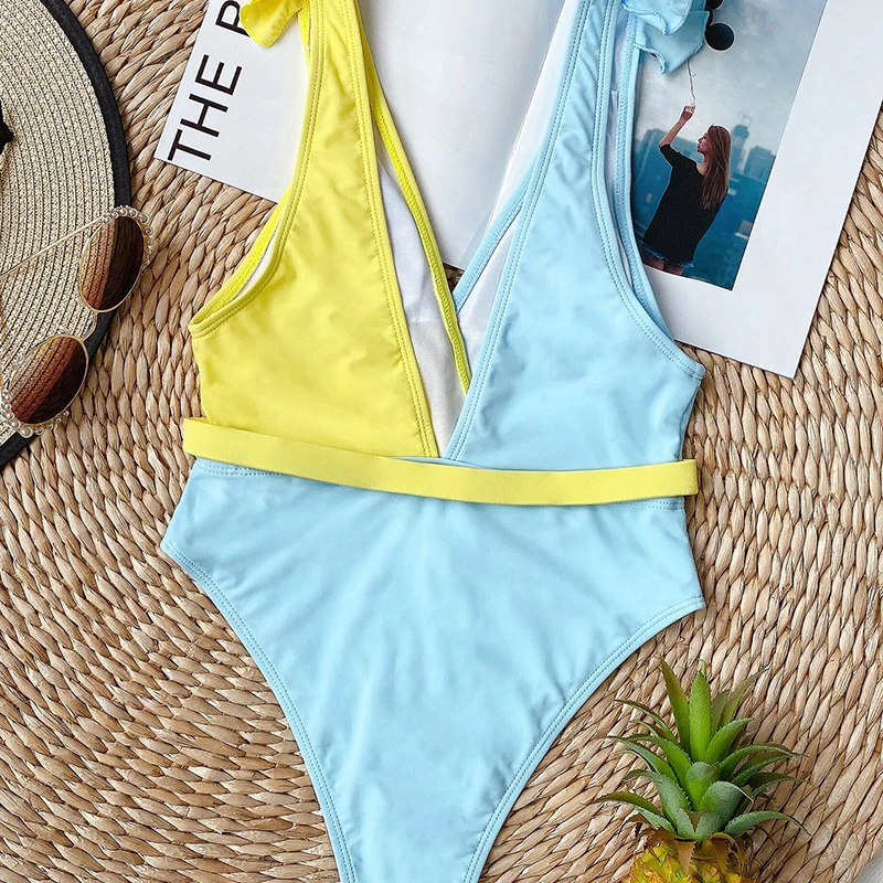 

Ruffled Splicing Deep V One Piece Swimsuit 2020 Women Swimwear Female Bather With Belt Monokini Bathing Beach Suit Swim Lady New