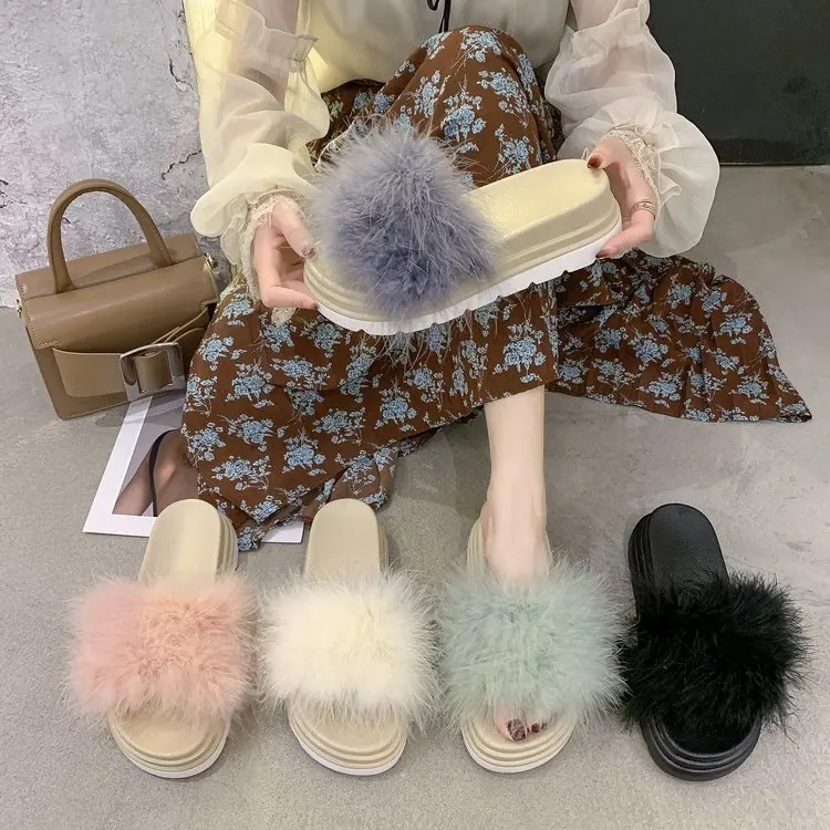 

Women Slide Ostrich feather Warm Fluffy Slippers Fur Flip Flops Flat Home Slippers Furry Slides Woman Plush Casual Shoes Sandals