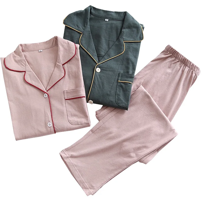

2020 Autumn New Men And Women Couples Full Cotton Pajamas Set Simple Style Turn-down Collar Sleepwear Set Loose 2PCS Homewear