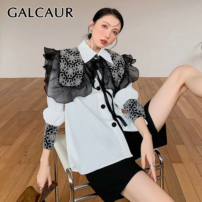 

GALCAUR Vintage Two Piece Set Womens Black Lace Ruffle Trim Shawl Lapel Collar Long Sleeve Minimalist Soldi Blouses Female 2021