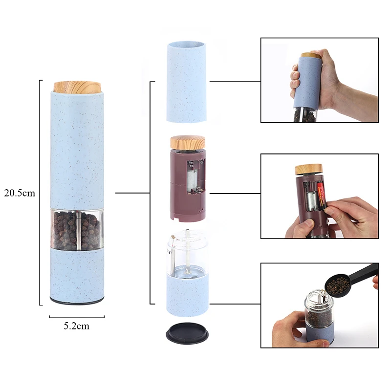 

Wheat Straw Electric Salt Pepper Grinder Set With Holder Automatic Spice Herb Mill Adjustable Coarseness Core Mills Kitchen Tool