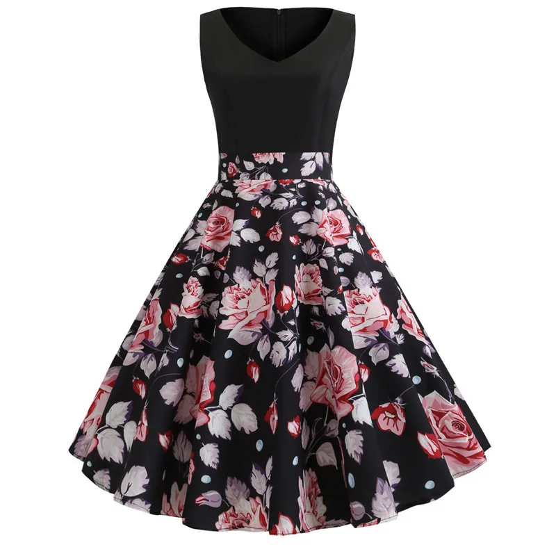 

Casual Patchwork Sleeveless Print Dress Slim V Neck Floral Women Dress Ladies New Elegant Spring Summer Swing Party Dress