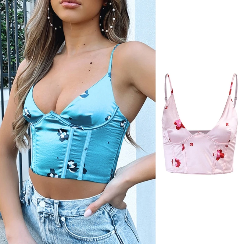 

Women Summer Spaghetti Strap Satin Crop Top Sexy Deep V-Neck Vintage Floral Printed Camisole Aesthetic Backless Slim Vest