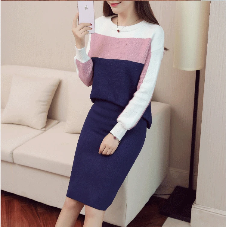 Модные женские вязаные топы + юбки Костюмы комплект из двух предметов 2018 новый